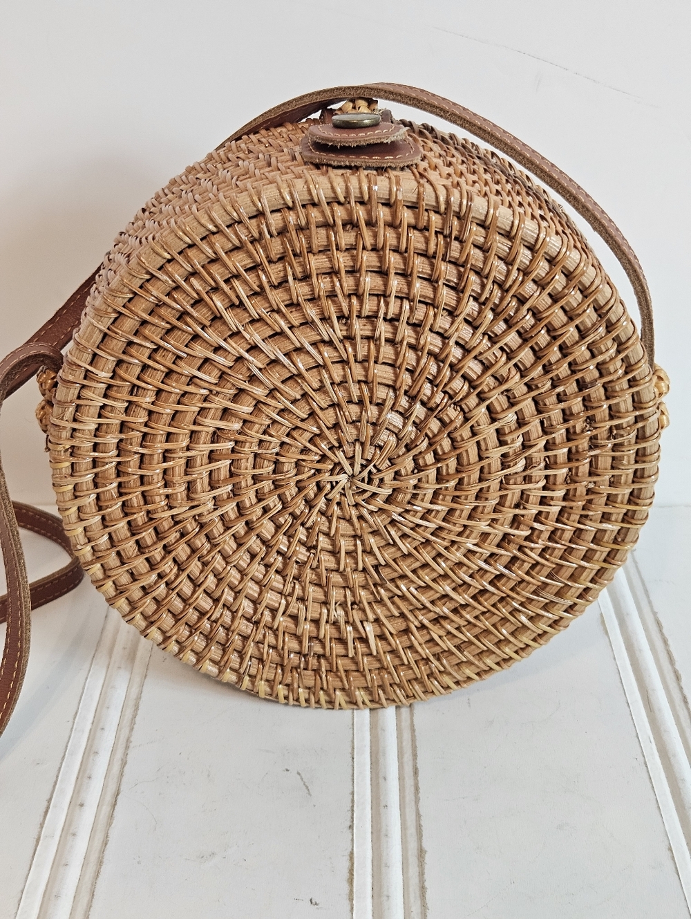 Round Rattan Woven Crossbody Bag Bali Boho Canteen Straw Floral - Picture 4 of 12
